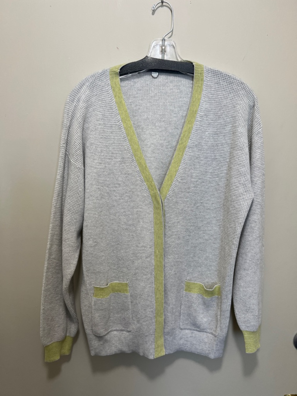 Light Gray Cardigan with Lime Trim – Women’s Open-Front Sweater